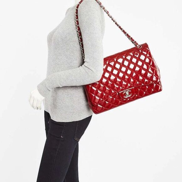 Chanel Red Quilted Patent Leather Classic Maxi Double Flap Bag - Picture 6 of 10